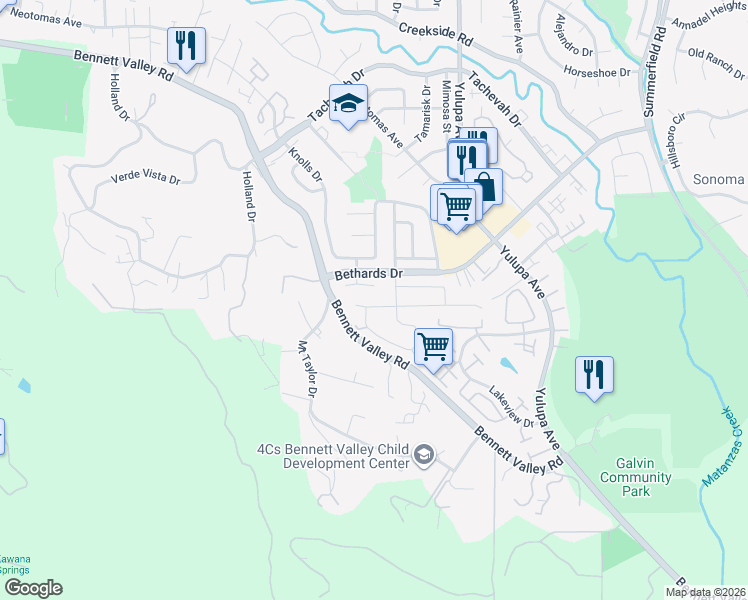 map of restaurants, bars, coffee shops, grocery stores, and more near 2191 Warwick Drive in Santa Rosa