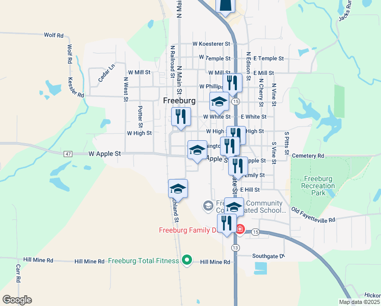 map of restaurants, bars, coffee shops, grocery stores, and more near 311 West Washington Street in Freeburg