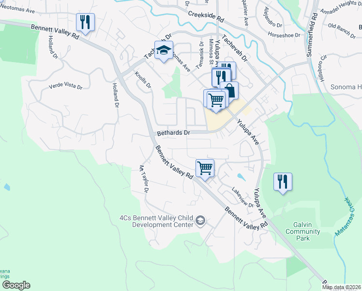 map of restaurants, bars, coffee shops, grocery stores, and more near 2191 Warwick Drive in Santa Rosa