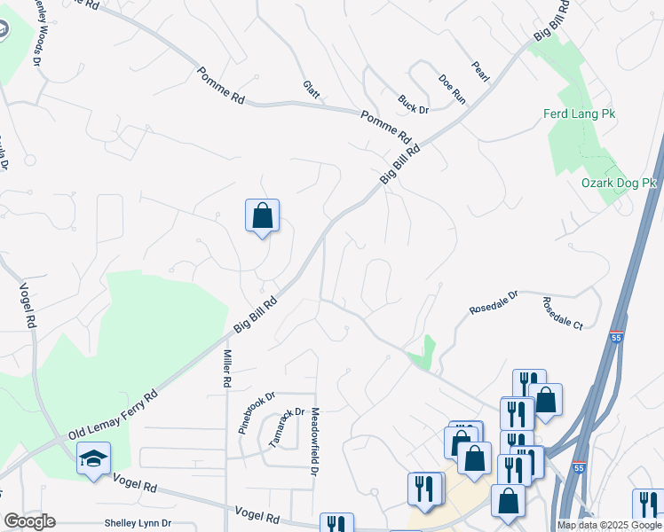 map of restaurants, bars, coffee shops, grocery stores, and more near 2961 Melton in Arnold