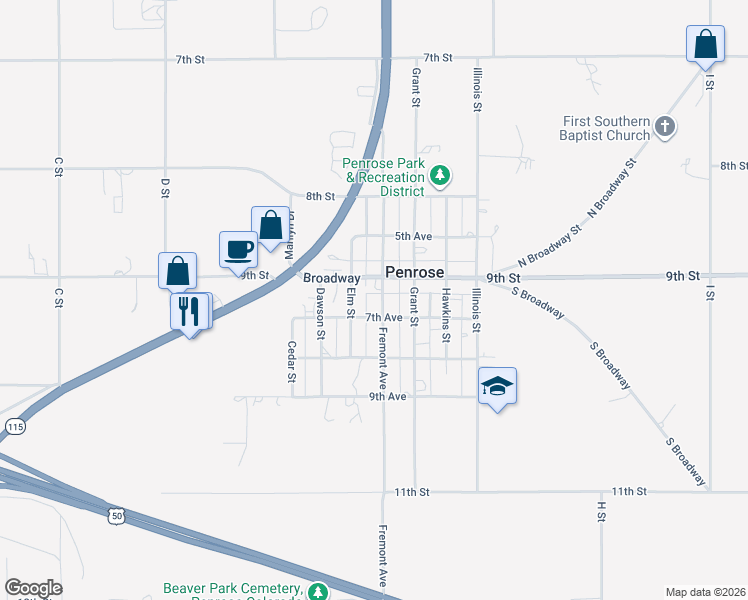 map of restaurants, bars, coffee shops, grocery stores, and more near 210 Fremont Avenue in Penrose