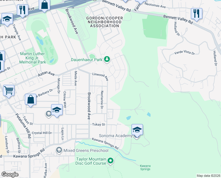 map of restaurants, bars, coffee shops, grocery stores, and more near 2380 Linwood Avenue in Santa Rosa