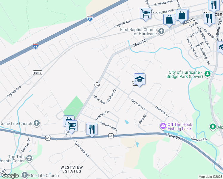 map of restaurants, bars, coffee shops, grocery stores, and more near 123 Walnut St in Hurricane