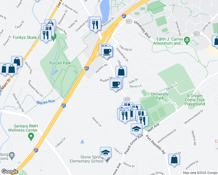 map of restaurants, bars, coffee shops, grocery stores, and more near 1362 Bradley Drive in Harrisonburg