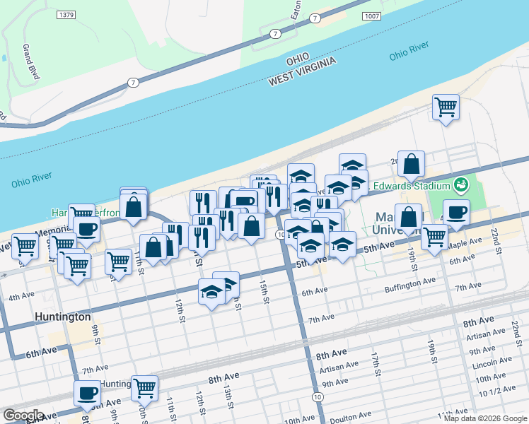 map of restaurants, bars, coffee shops, grocery stores, and more near 1534 3rd Avenue in Huntington