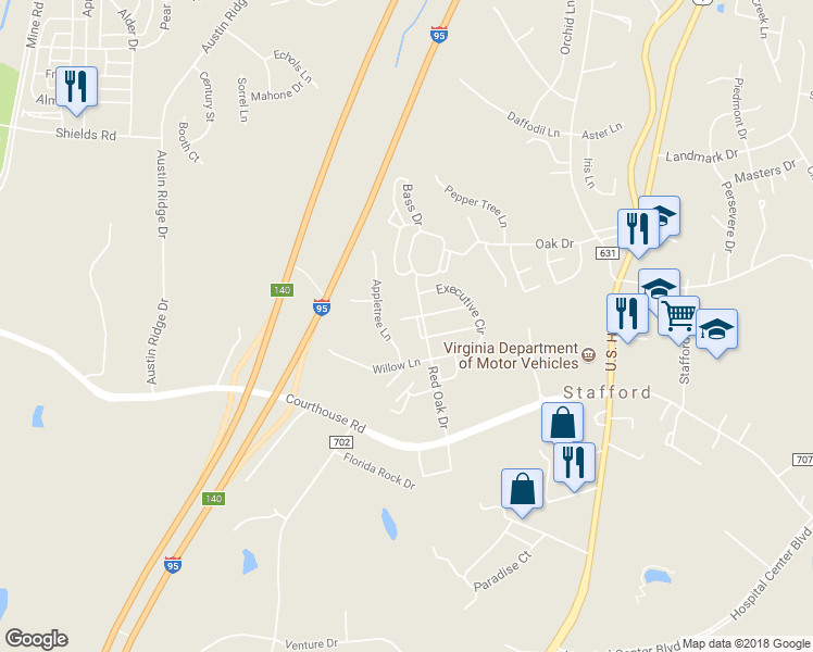 map of restaurants, bars, coffee shops, grocery stores, and more near 109 Palmer Court in Stafford