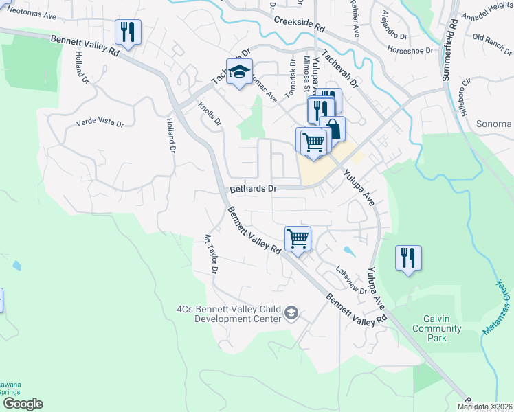 map of restaurants, bars, coffee shops, grocery stores, and more near 2191 Warwick Drive in Santa Rosa