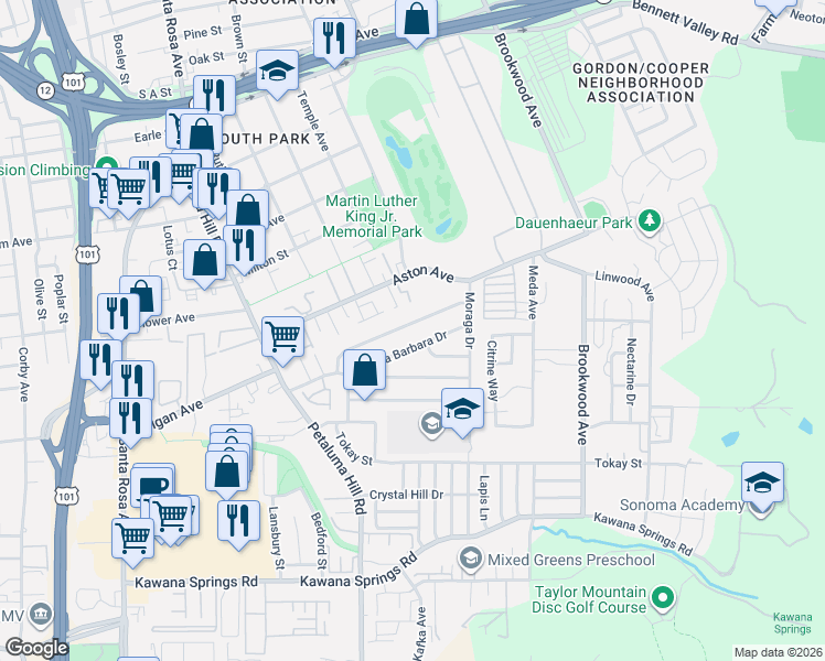 map of restaurants, bars, coffee shops, grocery stores, and more near 962 Santa Ana Drive in Santa Rosa