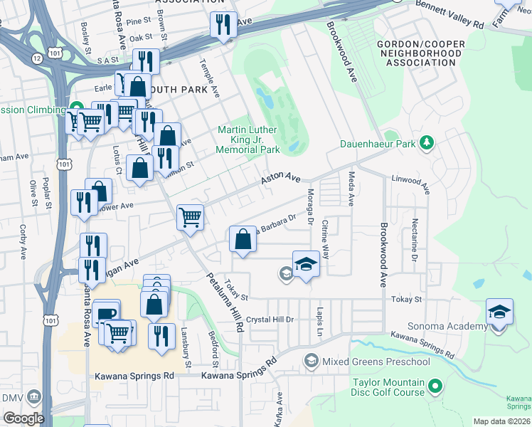 map of restaurants, bars, coffee shops, grocery stores, and more near 962 Santa Ana Drive in Santa Rosa