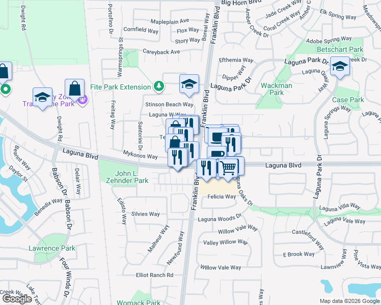 map of restaurants, bars, coffee shops, grocery stores, and more near 9180 Franklin Boulevard in Elk Grove