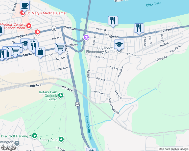 map of restaurants, bars, coffee shops, grocery stores, and more near 527 Richmond Street in Huntington