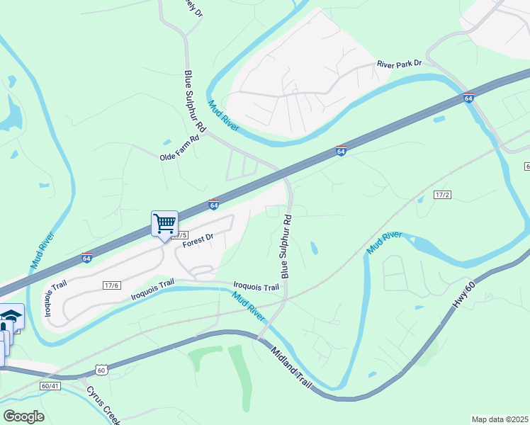 map of restaurants, bars, coffee shops, grocery stores, and more near 3541 Blue Sulphur Rd in Ona