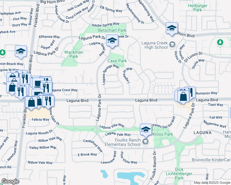 map of restaurants, bars, coffee shops, grocery stores, and more near 9218 Laguna Springs Way in Elk Grove