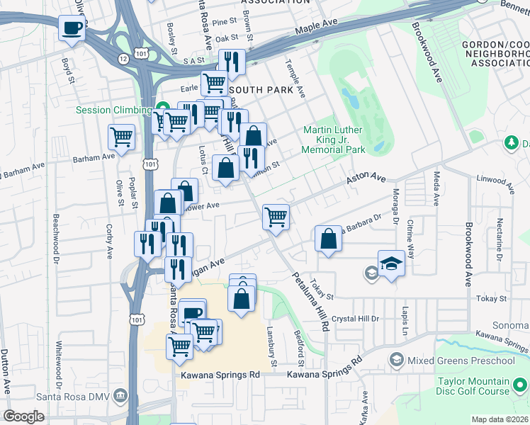map of restaurants, bars, coffee shops, grocery stores, and more near 614 Aston Avenue in Santa Rosa