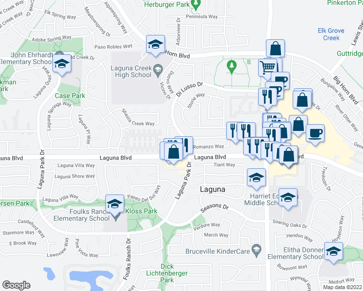 map of restaurants, bars, coffee shops, grocery stores, and more near 9233 Cerrolinda Circle in Elk Grove