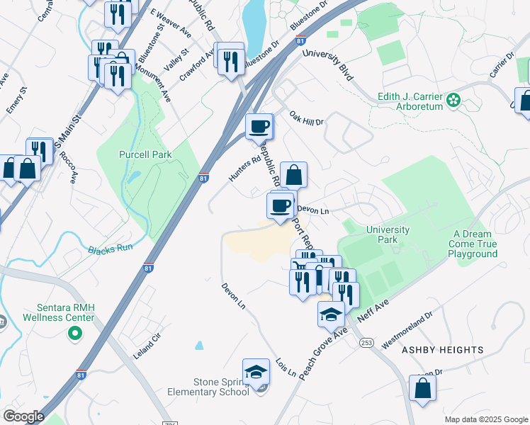 map of restaurants, bars, coffee shops, grocery stores, and more near 1360 Bradley Drive in Harrisonburg