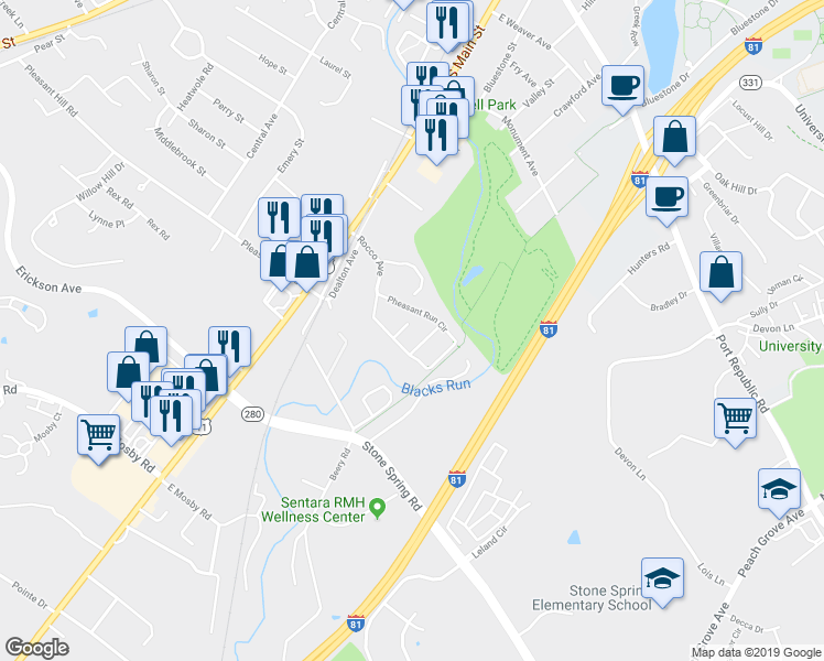 map of restaurants, bars, coffee shops, grocery stores, and more near 1740 Ashford Court in Harrisonburg