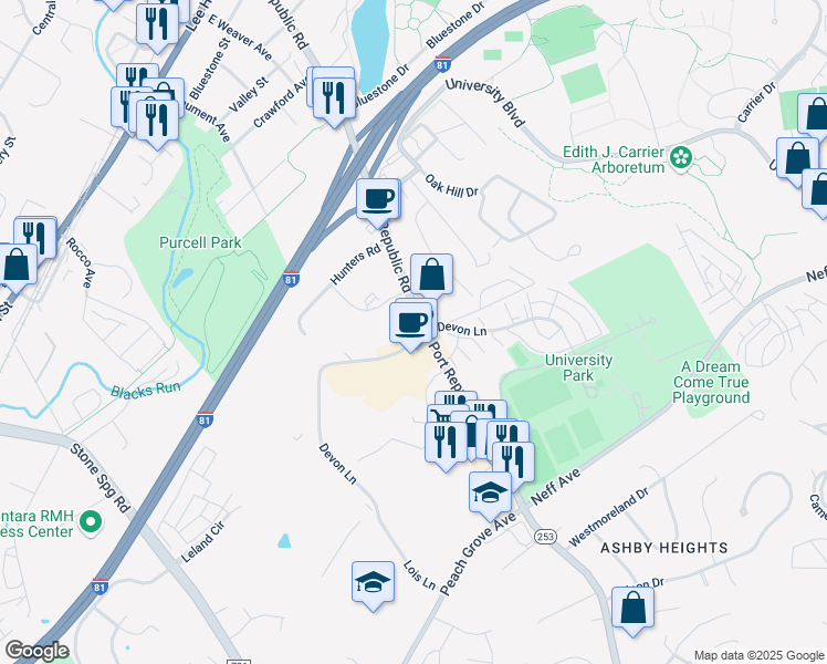 map of restaurants, bars, coffee shops, grocery stores, and more near 1301 Devon Lane in Harrisonburg