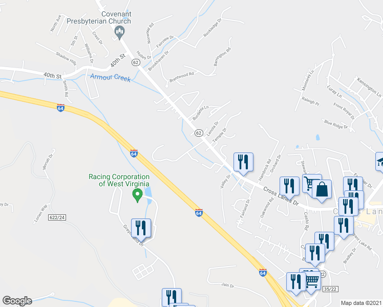 map of restaurants, bars, coffee shops, grocery stores, and more near 112 Timber Creek Lane in Nitro