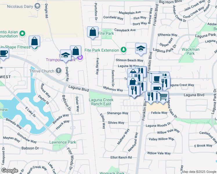 map of restaurants, bars, coffee shops, grocery stores, and more near 4415 Mykonos Way in Elk Grove