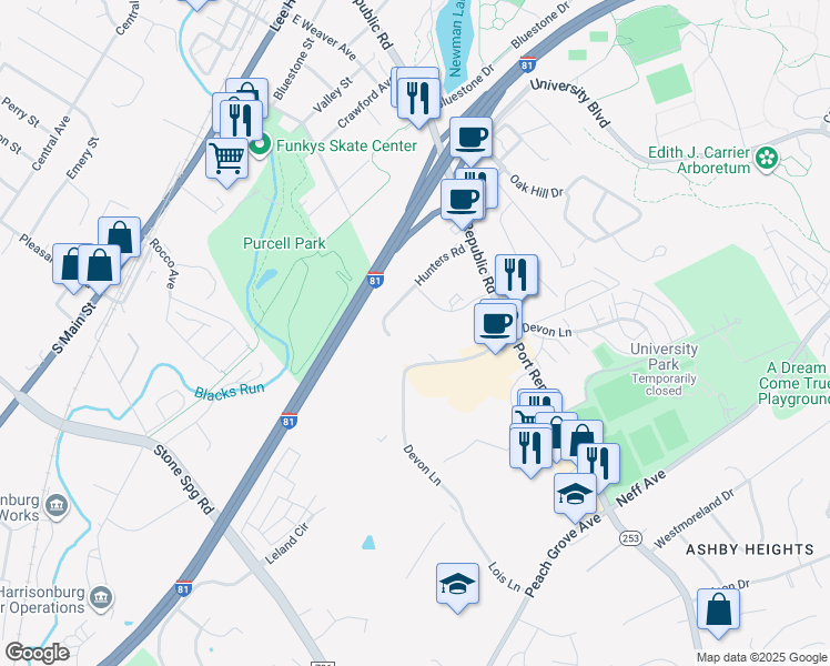 map of restaurants, bars, coffee shops, grocery stores, and more near 1384 Hunters Road in Harrisonburg