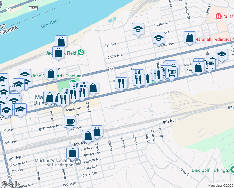 map of restaurants, bars, coffee shops, grocery stores, and more near 2445 5th Ave in Huntington