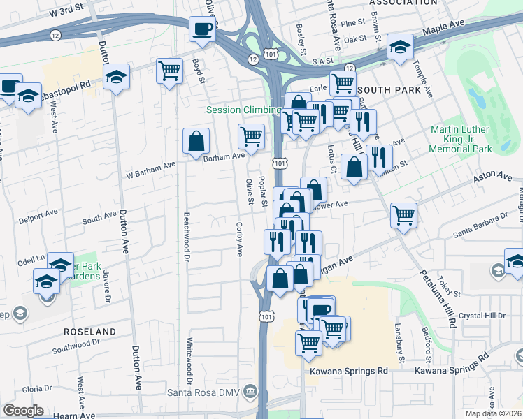map of restaurants, bars, coffee shops, grocery stores, and more near 216 Peach Street in Santa Rosa
