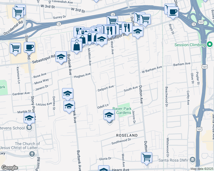 map of restaurants, bars, coffee shops, grocery stores, and more near 1065 Delport Avenue in Santa Rosa