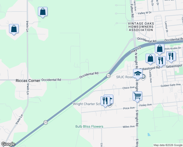 map of restaurants, bars, coffee shops, grocery stores, and more near 4432 Occidental Road in Santa Rosa