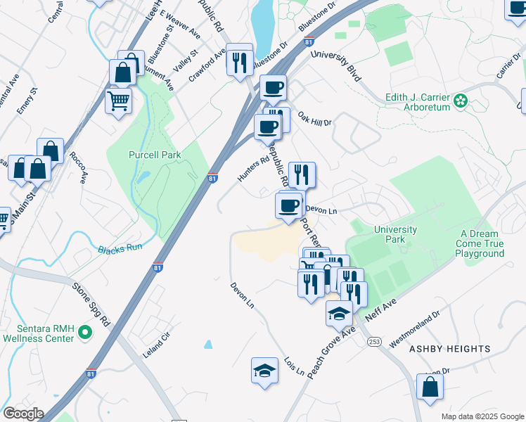 map of restaurants, bars, coffee shops, grocery stores, and more near 1366 Bradley Drive in Harrisonburg