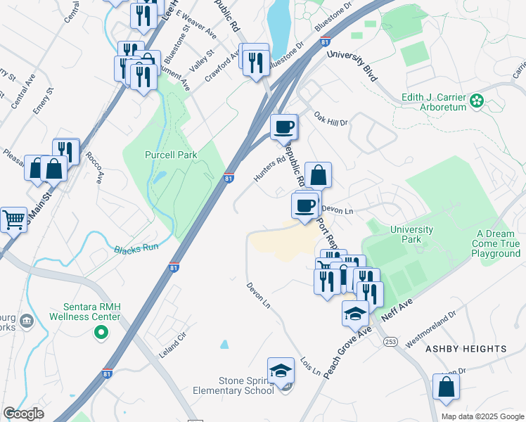 map of restaurants, bars, coffee shops, grocery stores, and more near 1446 Bradley Drive in Harrisonburg