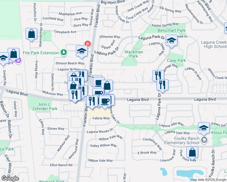 map of restaurants, bars, coffee shops, grocery stores, and more near 5112 Laguna Crest Way in Elk Grove