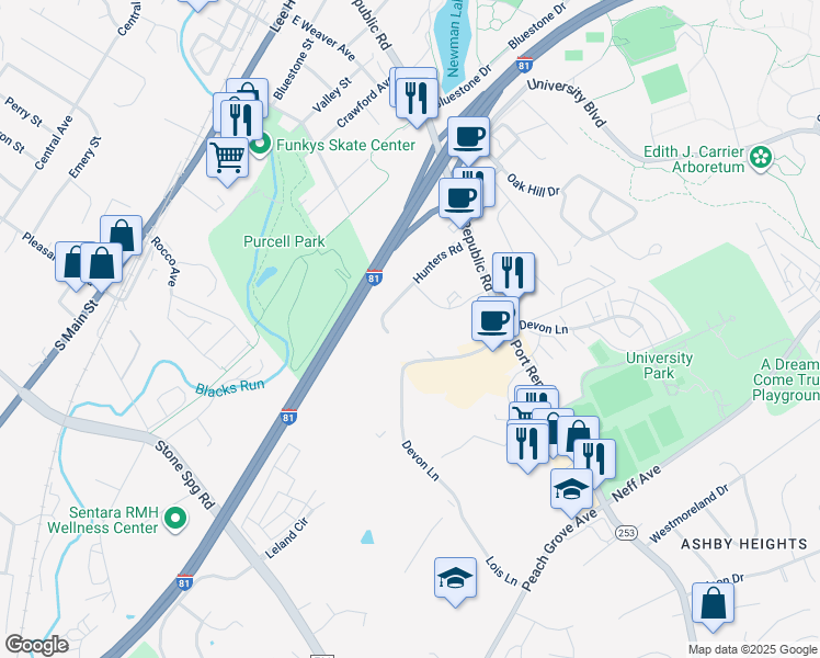 map of restaurants, bars, coffee shops, grocery stores, and more near 1384 Hunters Road in Harrisonburg