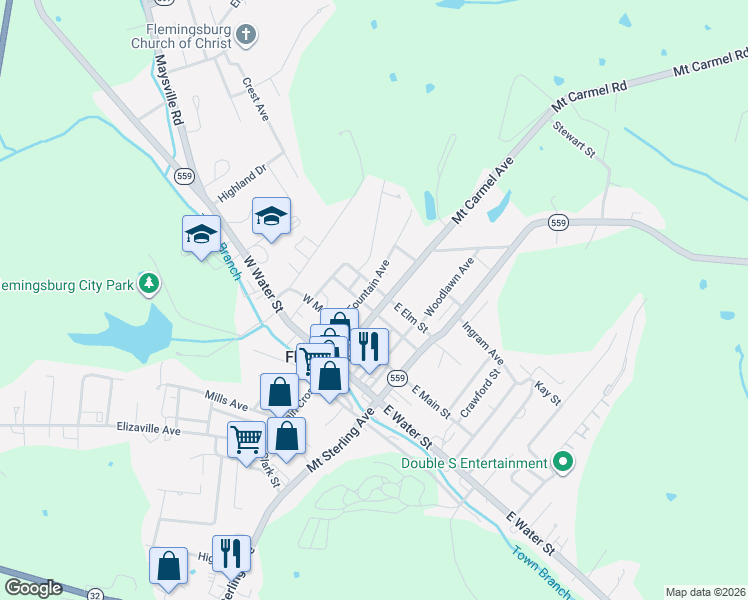 map of restaurants, bars, coffee shops, grocery stores, and more near 312 Mount Carmel Avenue in Flemingsburg
