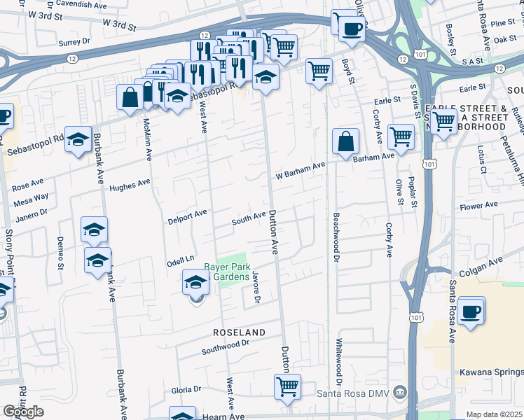 map of restaurants, bars, coffee shops, grocery stores, and more near 519 South Avenue in Santa Rosa