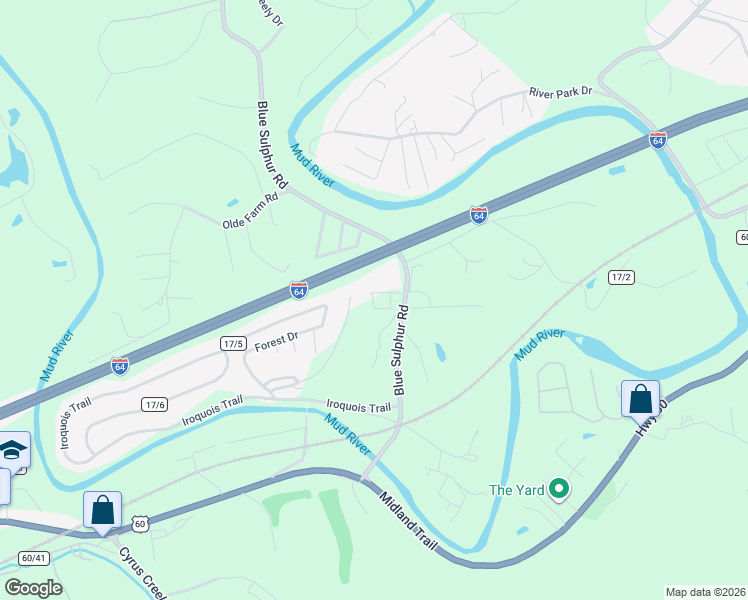 map of restaurants, bars, coffee shops, grocery stores, and more near 3541 Blue Sulphur Rd in Ona