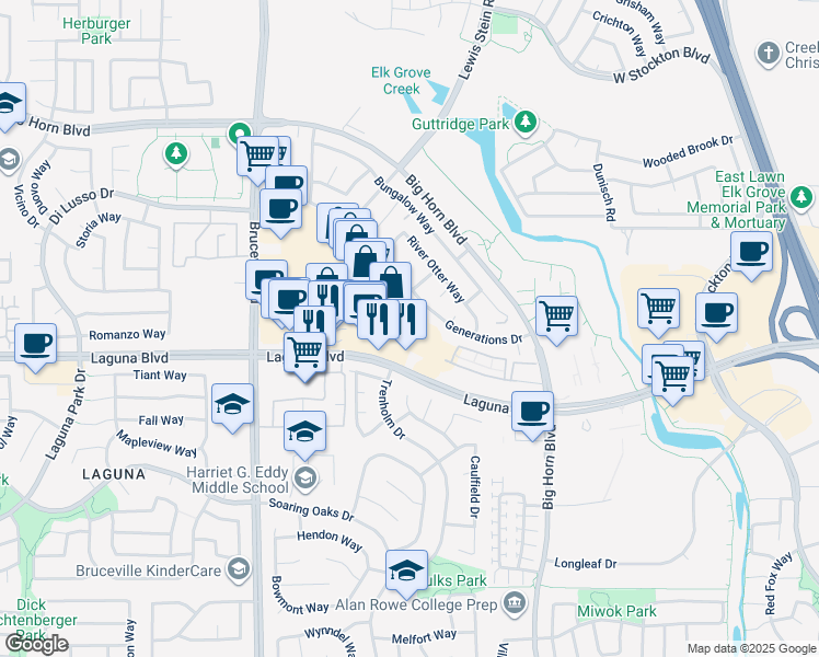map of restaurants, bars, coffee shops, grocery stores, and more near 7803 Laguna Boulevard in Elk Grove
