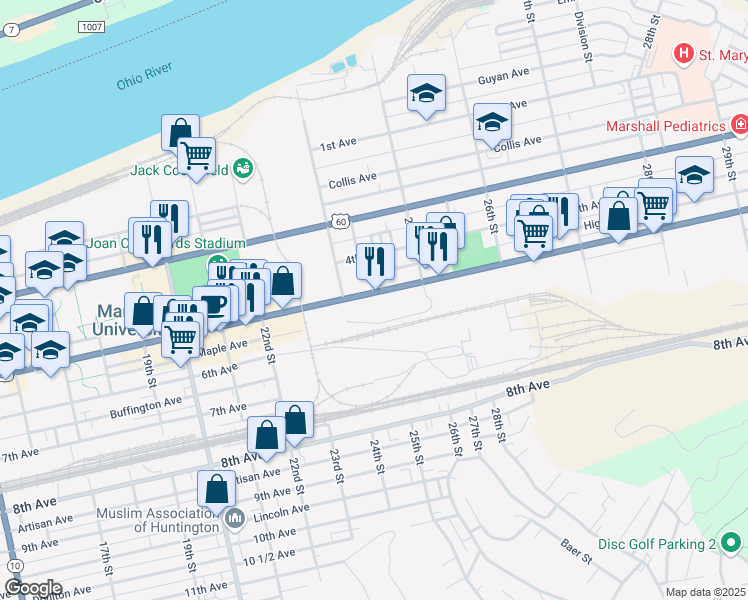 map of restaurants, bars, coffee shops, grocery stores, and more near 2445 5th Avenue in Huntington