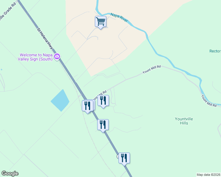 map of restaurants, bars, coffee shops, grocery stores, and more near 1101-1185 Yount Mill Road in Napa