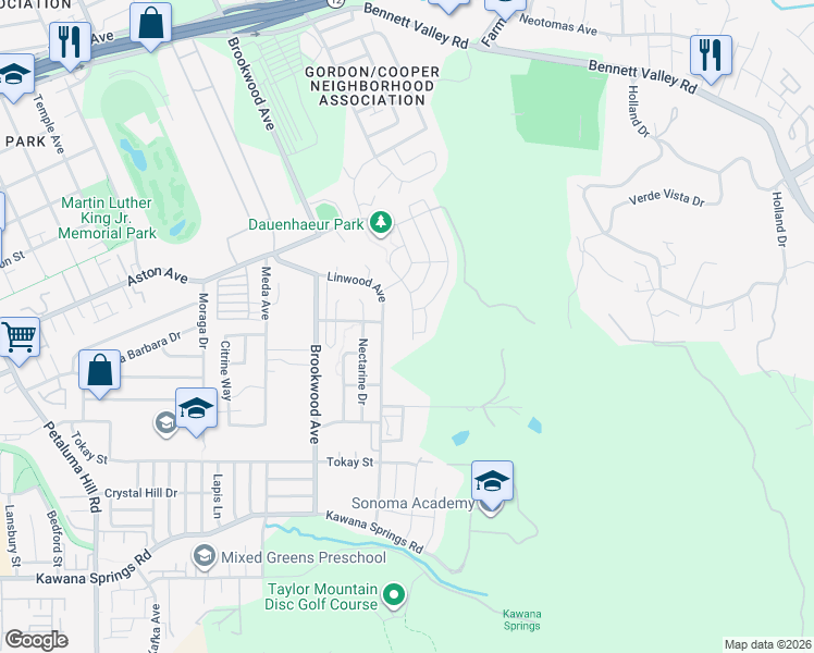 map of restaurants, bars, coffee shops, grocery stores, and more near 2380 Linwood Avenue in Santa Rosa