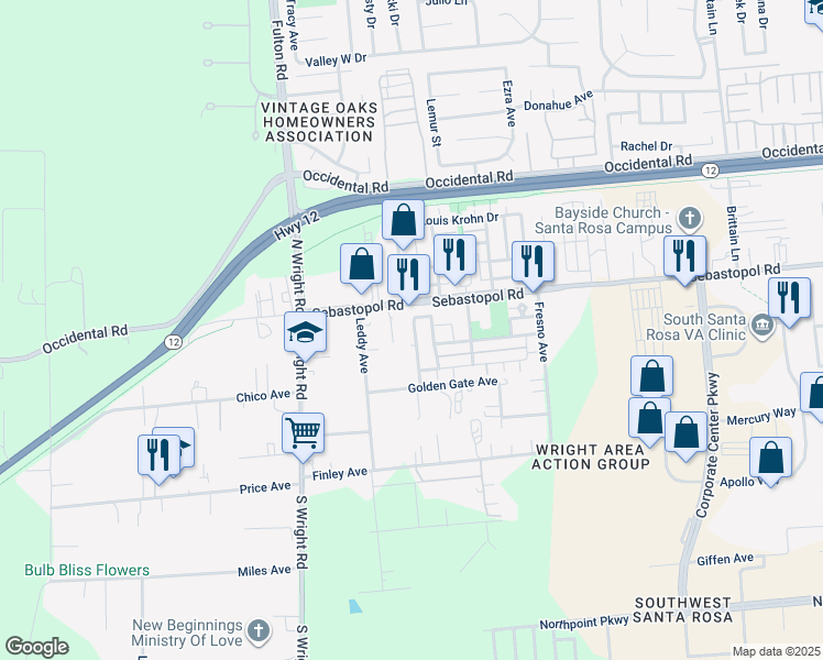 map of restaurants, bars, coffee shops, grocery stores, and more near 4031 Arthur Ashe Circle in Santa Rosa