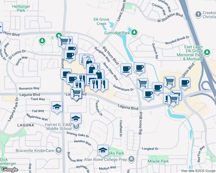 map of restaurants, bars, coffee shops, grocery stores, and more near 7803 Laguna Boulevard in Elk Grove