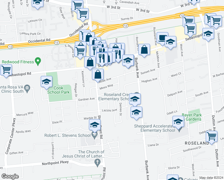 map of restaurants, bars, coffee shops, grocery stores, and more near 1801 Janero Drive in Santa Rosa