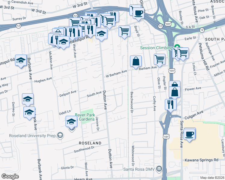 map of restaurants, bars, coffee shops, grocery stores, and more near 190 Torzelli Lane in Santa Rosa