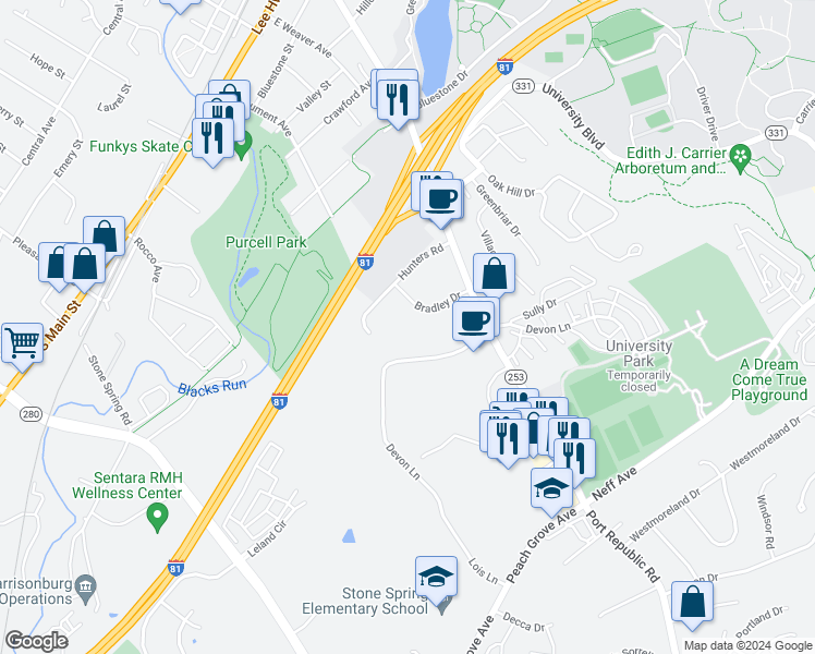 map of restaurants, bars, coffee shops, grocery stores, and more near 1462 Bradley Drive in Harrisonburg