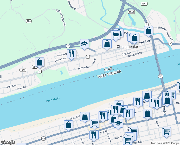 map of restaurants, bars, coffee shops, grocery stores, and more near 88 Township Road 1118 in Chesapeake