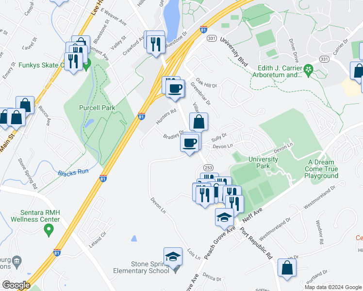 map of restaurants, bars, coffee shops, grocery stores, and more near 1354 Bradley Drive in Harrisonburg