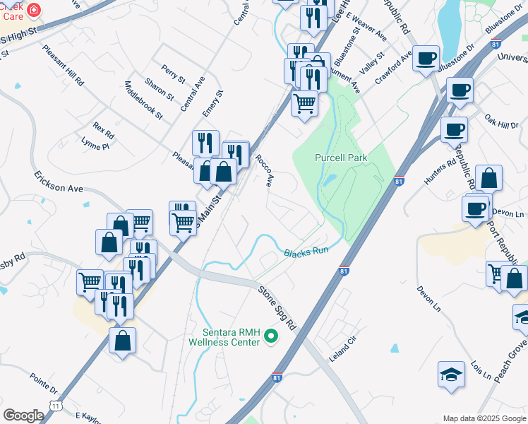 map of restaurants, bars, coffee shops, grocery stores, and more near 576 Pheasant Run Circle in Harrisonburg