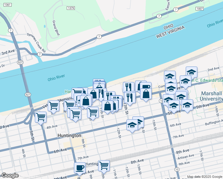map of restaurants, bars, coffee shops, grocery stores, and more near 101 13th Street in Huntington