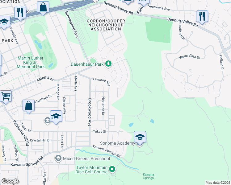 map of restaurants, bars, coffee shops, grocery stores, and more near 2380 Linwood Avenue in Santa Rosa